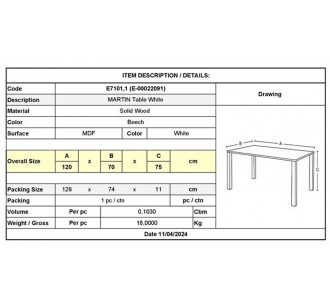 MARTIN Table 120x70cm White 2