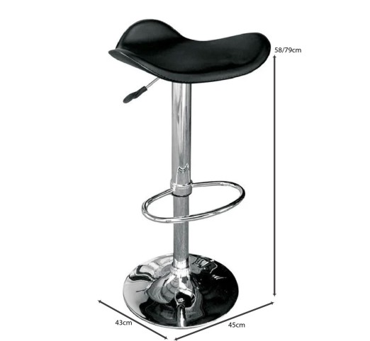 SADDLE Σκαμπό BAR, Βάση Χρώμιο, Pvc Μαύρο, Ρύθμιση Ύψους, Περιστρεφόμενο