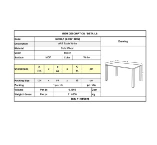 ART Τραπέζι Τραπεζαρίας Κουζίνας 120x80cm / Άσπρο MDF - Πόδια Οξιά Φυσικό