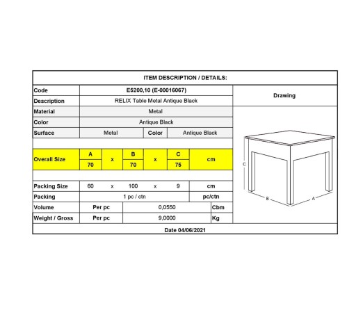 RELIX Table-Pro 70x70cm / Metal Antique Black