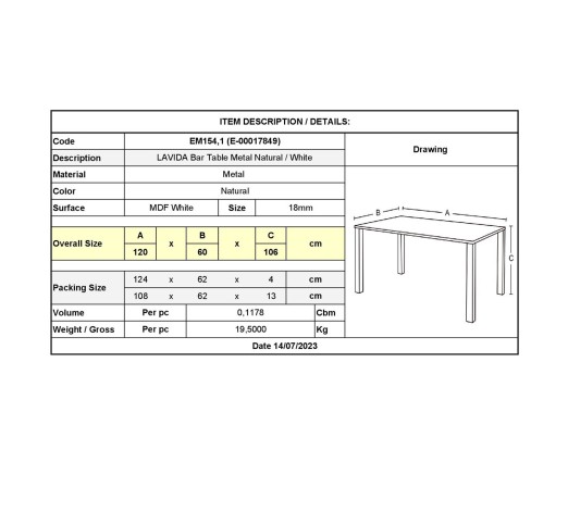 LAVIDA Τραπέζι BAR 120x60cm / Μέταλλο Βαφή Φυσικό - Άσπρο MDF