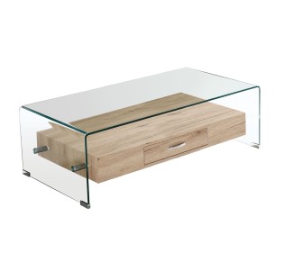 GLASSER Wood Τραπεζάκι Σαλονιού Γυαλί 12mm - Ράφι με Συρτάρι Απόχρωση Δρυς 2