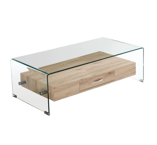 GLASSER Wood Τραπεζάκι Σαλονιού Γυαλί 12mm - Ράφι με Συρτάρι Απόχρωση Δρυς