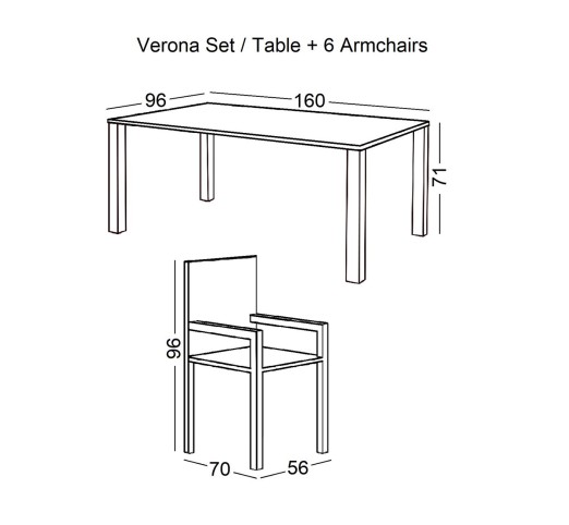 VERONA Set (Table 160x96+6 Armchairs) Steel Dark Grey/Textilene Grey