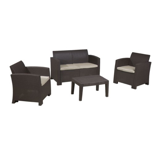 SAVANNA Set K/D (Table+2-Seat Sofa+2 Armchairs) PP-UV Brown/Cushions Grey-White