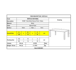ROBY Table 120x70cm Metal Natural Paint/Glass