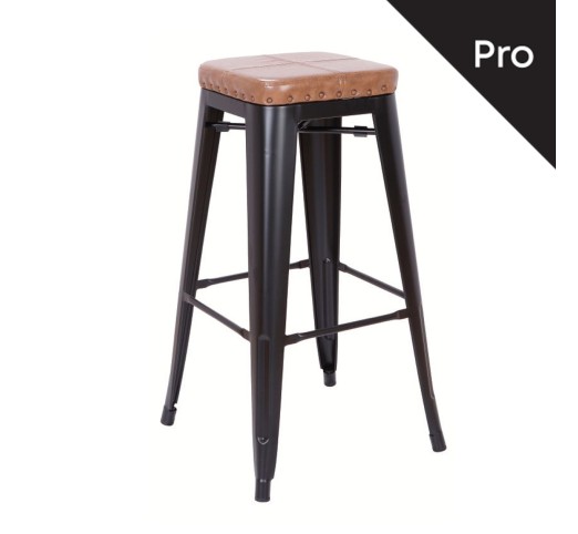 RELIX Σκαμπό BAR, Μέταλλο Βαφή Μαύρο Matte, PU Camel, Στοιβαζόμενο