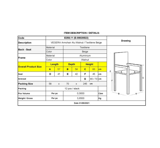 VEGERA Πολυθρόνα Dining Αλουμίνιο Βαφή Καρυδί Textilene Μπεζ