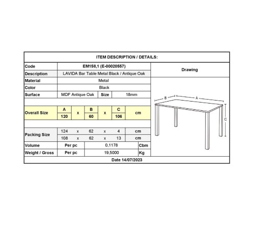 LAVIDA Τραπέζι BAR 120x60cm / Μέταλλο Βαφή Μαύρο - Επιφάνεια Απόχρωση Antique Oak