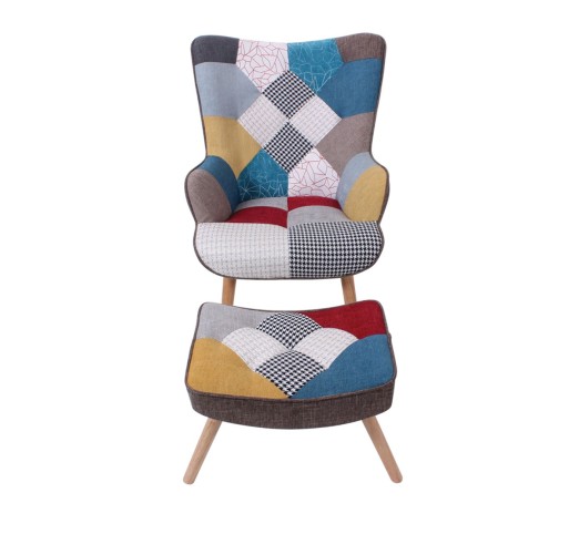MARON Set Armchair & Stool, Patchwork Fabric