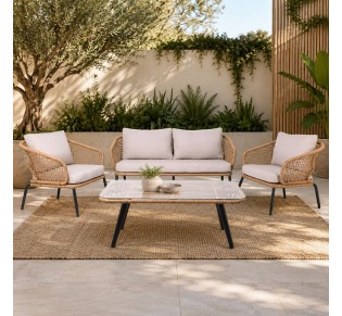 SALSA Plus Set Σαλόνι Κήπου ALU Μαύρο - Γυαλί - Wicker Φυσικό / Τραπέζι & 2-θέσιος & 2 Πολυθρόνες