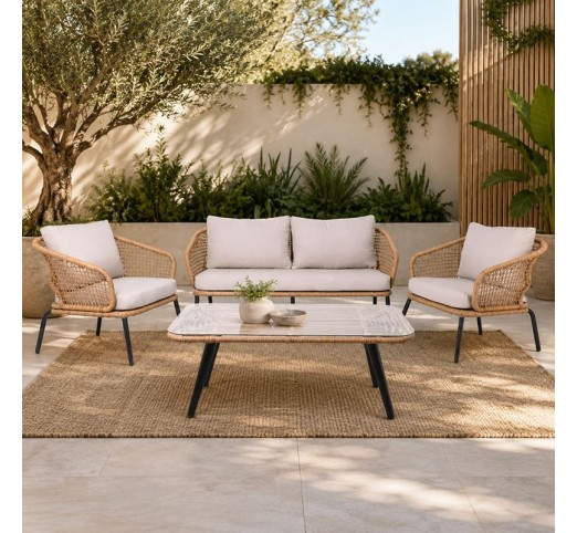 SALSA Plus Set Σαλόνι Κήπου ALU Μαύρο - Γυαλί - Wicker Φυσικό / Τραπέζι & 2-θέσιος & 2 Πολυθρόνες