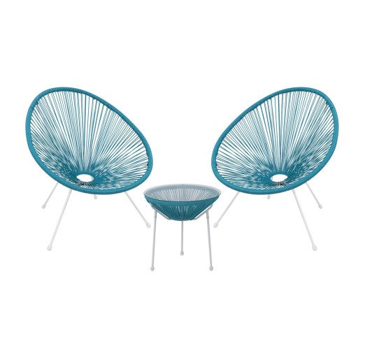 ACAPULCO Set (3-pcs) White Steel, Blue Plastic Rattan
