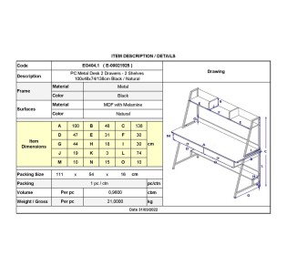 PC Metal Desk 2 Drawers/2 Shelves 100x48x74/138cm Black/Natural