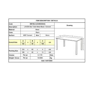 LAVIDA Τραπέζι BAR 120x60cm / Μέταλλο Βαφή Μαύρο - Επιφάνεια Απόχρωση Cement