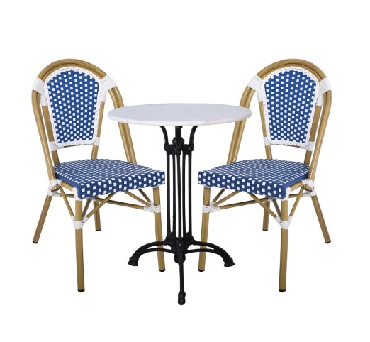 PARIS Καρέκλα Bistro, Αλουμίνιο Φυσικό, Wicker Άσπρο - Μπλε, Στοιβαζόμενη