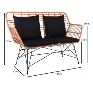 SALSA MAX Living 2 Seat Sofa / Metal Black - Wicker Natural - Cushions Black