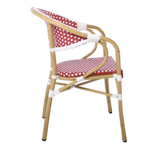 VEGERA Πολυθρόνα Dining Αλουμίνιο Φυσικό, Wicker Άσπρο - Κόκκινο, Στοιβαζόμενη
