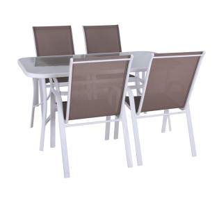 RIO Set Τραπεζαρία Κήπου - Τραπέζι 120x70cm & 4 Πολυθρόνες / Άσπρο Μέταλλο - Textilene Cappuccino