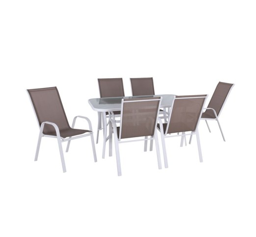 RIO Set Τραπεζαρία Κήπου Τραπέζι 150x90cm & 6 Πολυθρόνες / Άσπρο Μέταλλο - Textilene Cappuccino