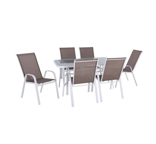 RIO Set Table 150x90cm & 6 Armchairs / Metal White - Textilene Cappuccino