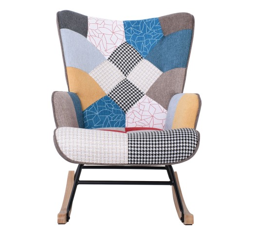 ALMA Rocking Πολυθρόνα Μπερζέρα Καθιστικού / Ύφασμα Patchwork / Βάση Μαύρο - Φυσικό