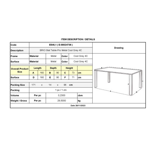 BRIO Slat Table-Pro 160x90cm / Metal Cool Grey 4C