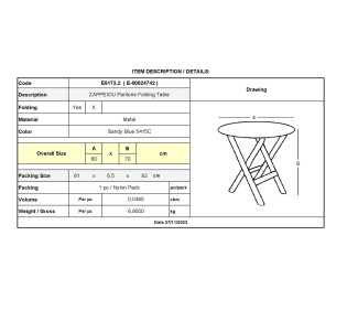 ΖΑΠΠΕΙΟΥ Pantone Τραπέζι Πτυσσόμενο Ø60cm / Μέταλλο - Βαφή Sandy Blue 5415C