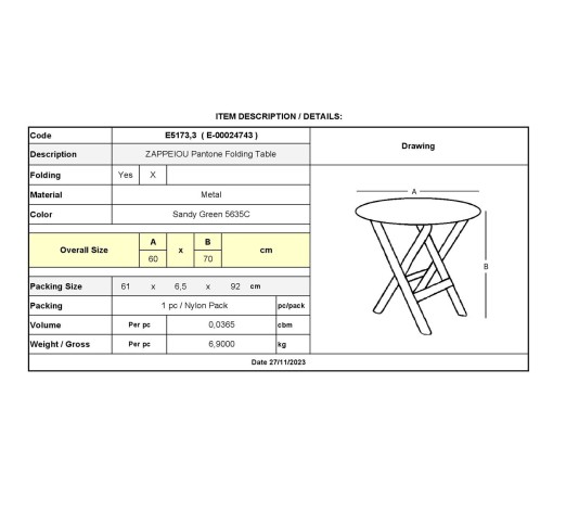 ZAPPEIOU Pantone Folding Table Ø60cm / Metal Sandy Green 5635C