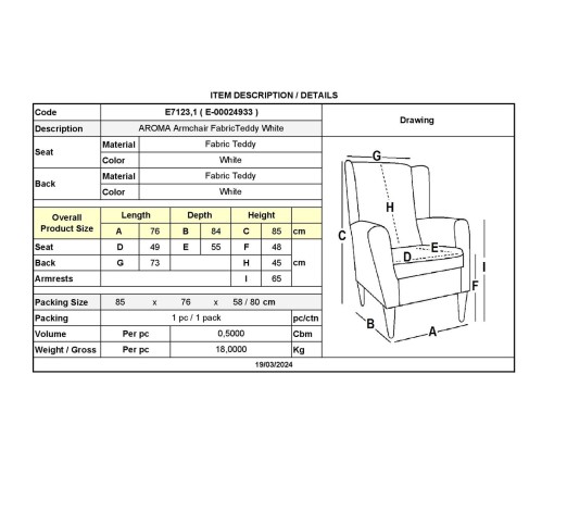 AROMA Armchair / Teddy White Fabric