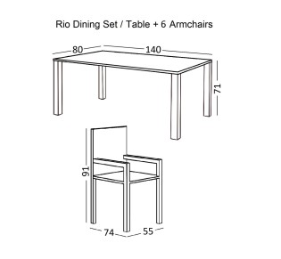 RIO Set Τραπεζαρία Κήπου Τραπέζι 140x80cm - 6 Πολυθρόνες / Άσπρο Μέταλλο - Textilene Cappuccino