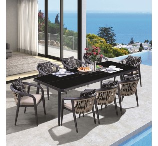 JARDIN Set ALU - Table 220x100cm & 8 Armchairs - Anthracite / Cushions Beige - Dark Grey 2