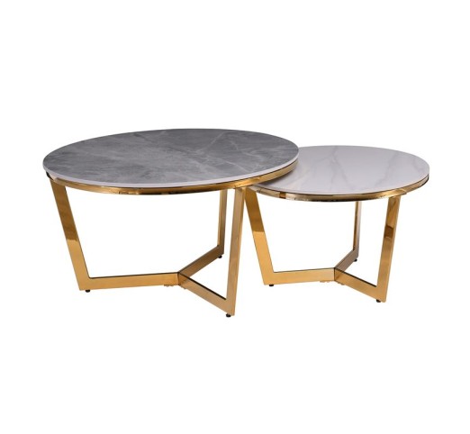 OTTO Set-2 Coffee Tables Ø80cm & Ø60cm / Gold Chromed - Sintered Stone Grey-White Marble