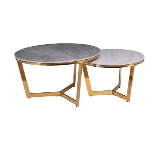 OTTO Set-2 Coffee Tables Ø80cm & Ø60cm / Gold Chromed - Sintered Stone Grey-White Marble