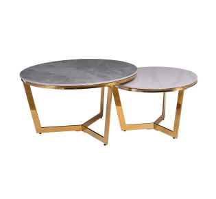 OTTO Set 2 Τραπεζάκια Σαλονιού Ø80cm & Ø60cm / Χρώμιο Χρυσό - Sintered Stone Grey-White Marble 2