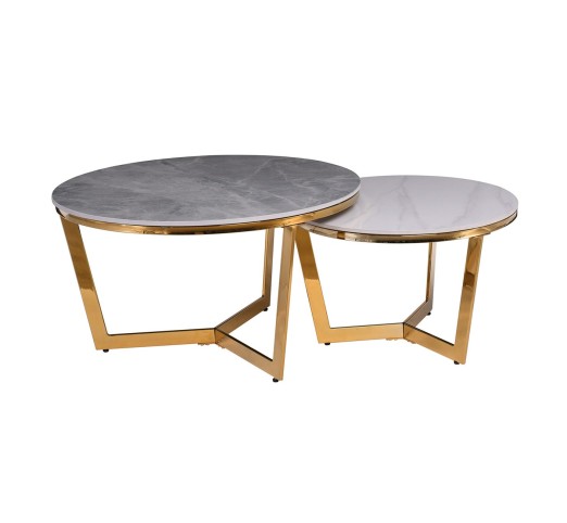 OTTO Set-2 Coffee Tables Ø80cm & Ø60cm / Gold Chromed - Sintered Stone Grey-White Marble