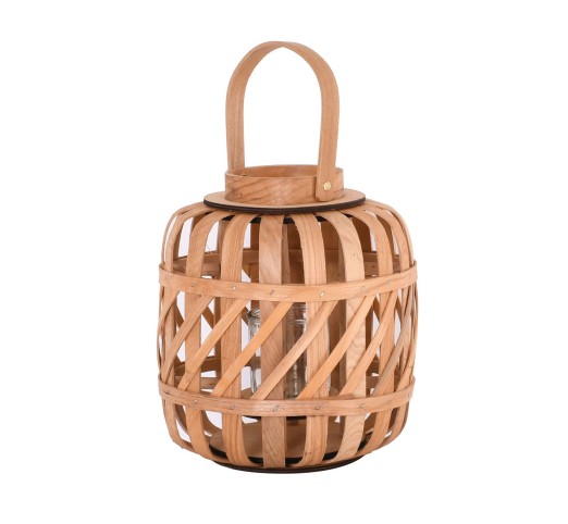LANTERN ROUND Wooden chips / Natural with Glass Pot