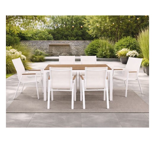 VIRNA Set Table 150x90cm & 6 Armchairs / Metal White - Polywood Natural