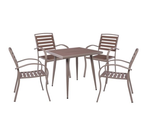 SERRANO Set Κήπου / Τραπέζι & 4 Πολυθρόνες / Μέταλλο Βαφή Sand Beige - Polywood Καρυδί