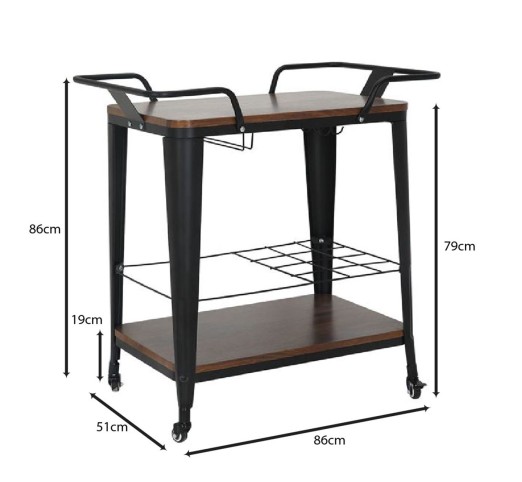 RELIX Trolley Bar-Pro / Μέταλλο Βαφή Μαύρο - MDF Απόχρωση Καρυδί