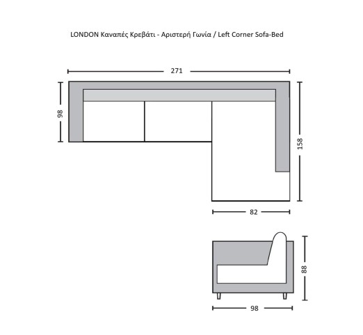 LONDON Left Corner Sofa - Bed / Fabric Anthracite