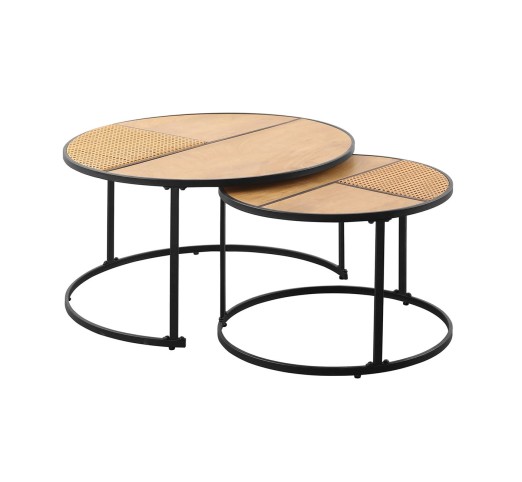 PABLO Set 2 Τραπεζάκια Σαλονιού - Καθιστικού Ø60cm & Ø80cm / Μέταλλο Βαφή Μαύρο - Απόχρωση Φυσικό