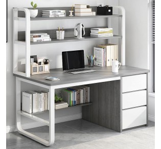 PC Metal Desk 3 Drawers - 3 Shelves 120x50x74/147cm / White - Grey