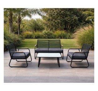 ROCCO Set 4pcs / Metal Black - Rope Wicker Grey - Cushions Dark Grey