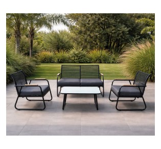 ROCCO Set 4pcs / Metal Black - Rope Wicker Grey - Cushions Dark Grey