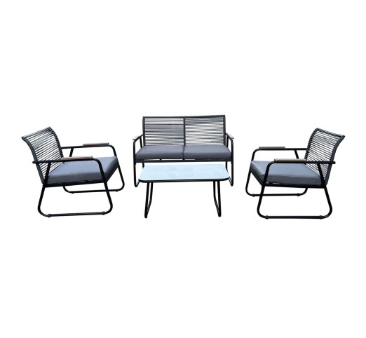 ROCCO Set 4pcs / Metal Black - Rope Wicker Grey - Cushions Dark Grey