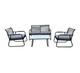 ROCCO Set 4pcs / Metal Black - Rope Wicker Grey - Cushions Dark Grey