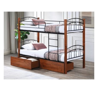 NORTON Double Deck Bed - 2 Drawers - Mattress 90x190cm / Metal Black - Wood Walnut