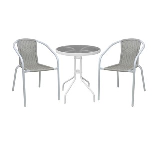 BALENO-W Set - Table Ø60cm & 2 Armchairs / Metal White - Beige Wicker