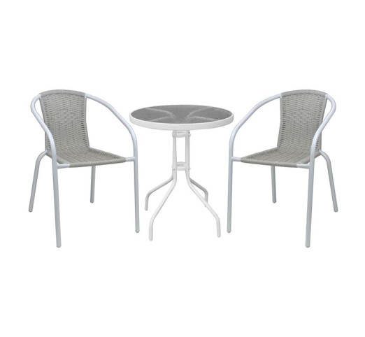 BALENO-W Set Κήπου Βεράντας - Τραπέζι Ø60cm & 2 Πολυθρόνες / Μέταλλο Άσπρο - Wicker Beige